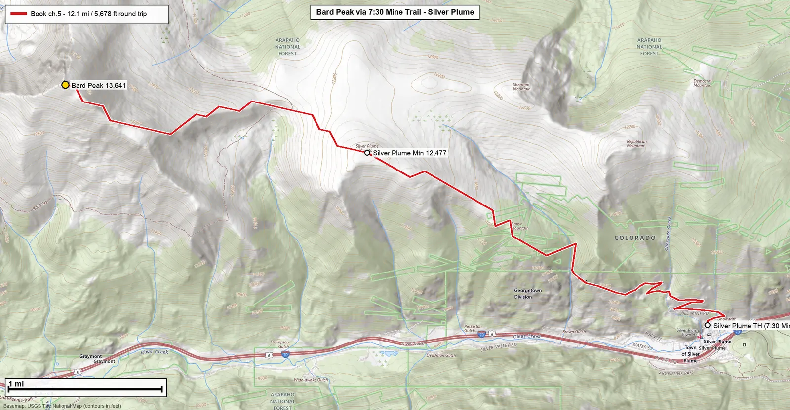 USGS topographic map of the Bard Peak route from the 7:30 Mine trail above Silver Plume, with the route in red and two labelled summits.