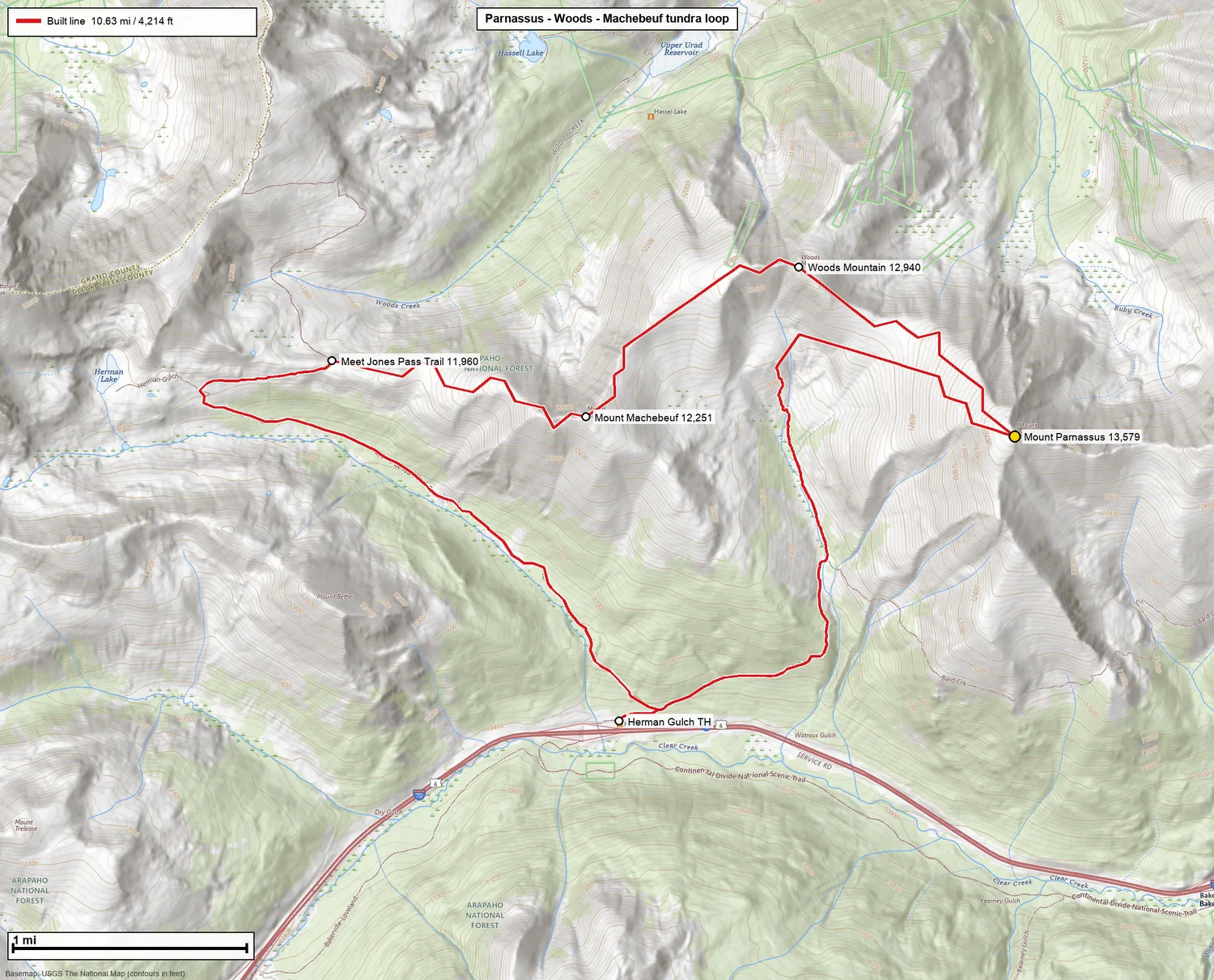 USGS topographic map showing the tundra loop in red with labelled summits and an imperial scale bar.
