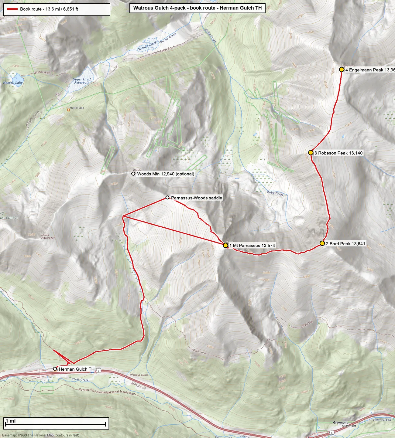 Topographic map of the Watrous Gulch four-summit route with numbered summit markers.